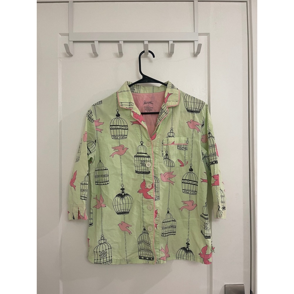 Nick & Nora Green Bird Cage Pajama Top Loungewear Artsy Summer Euro